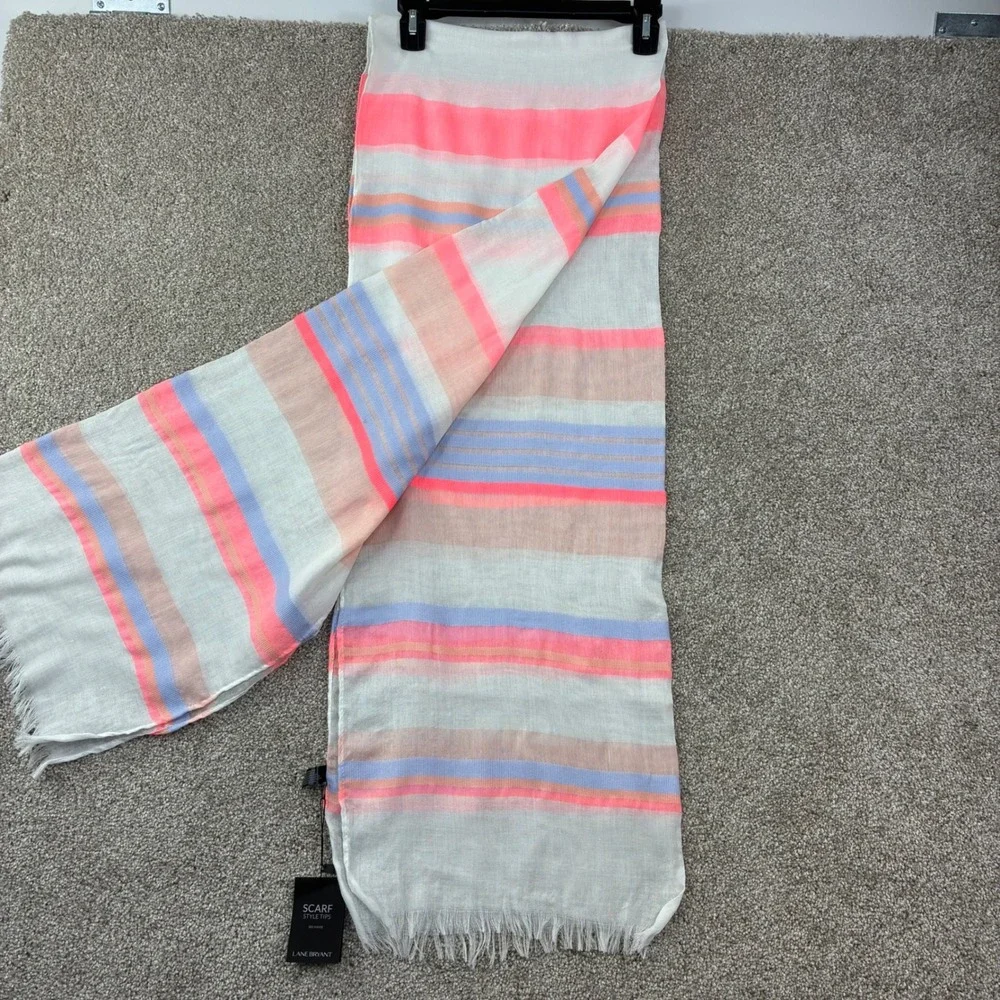 Lane Bryant Scarf Women Pink Blue Striped Sheer Gauze Fringe Coastal Preppy NWT